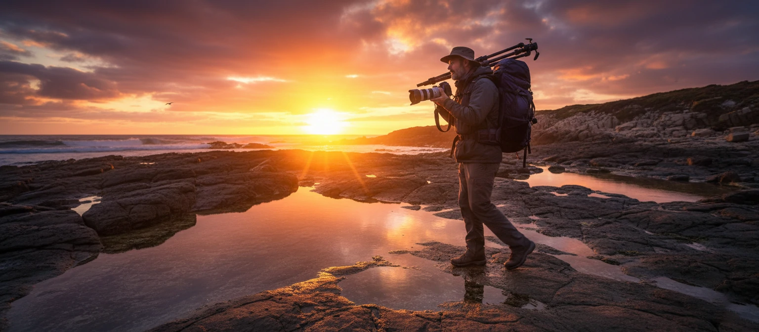 Photographer walking towards a dramatic sunset with camera gear