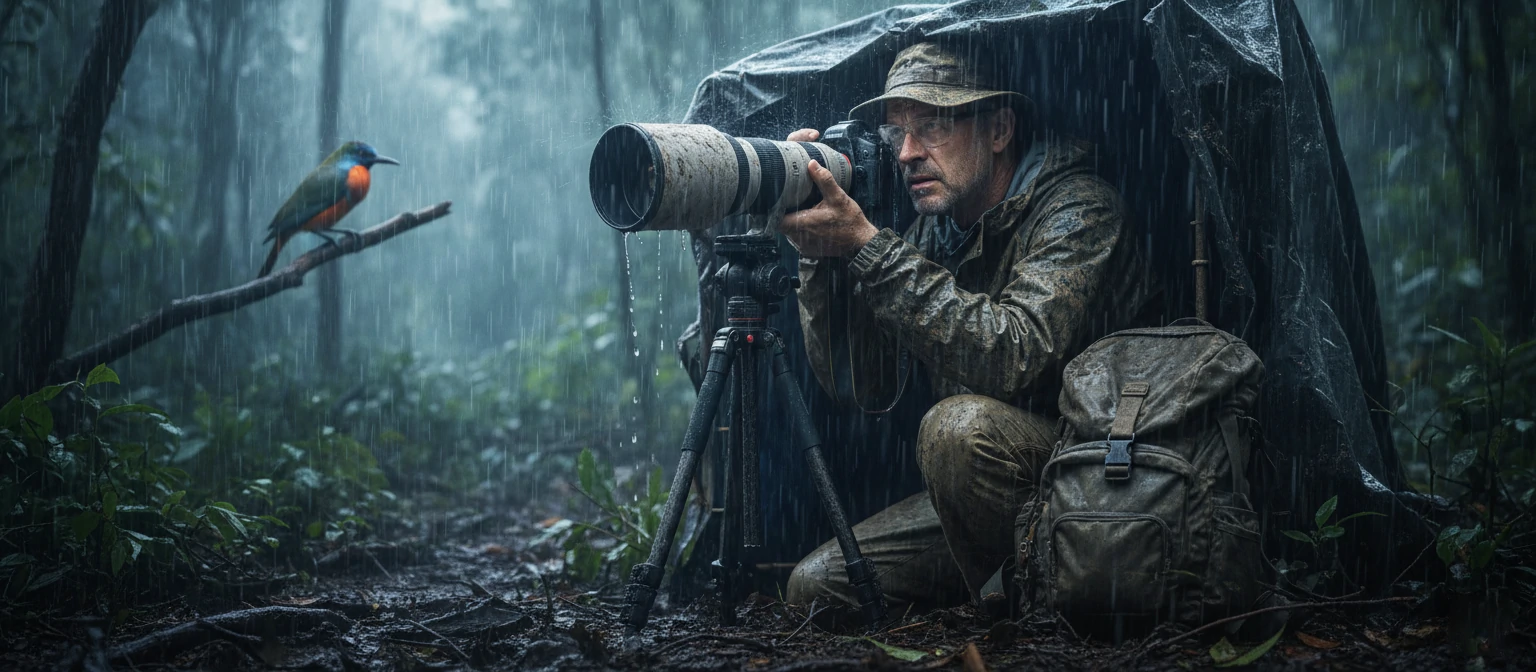 Photographer working under challenging conditions in the field