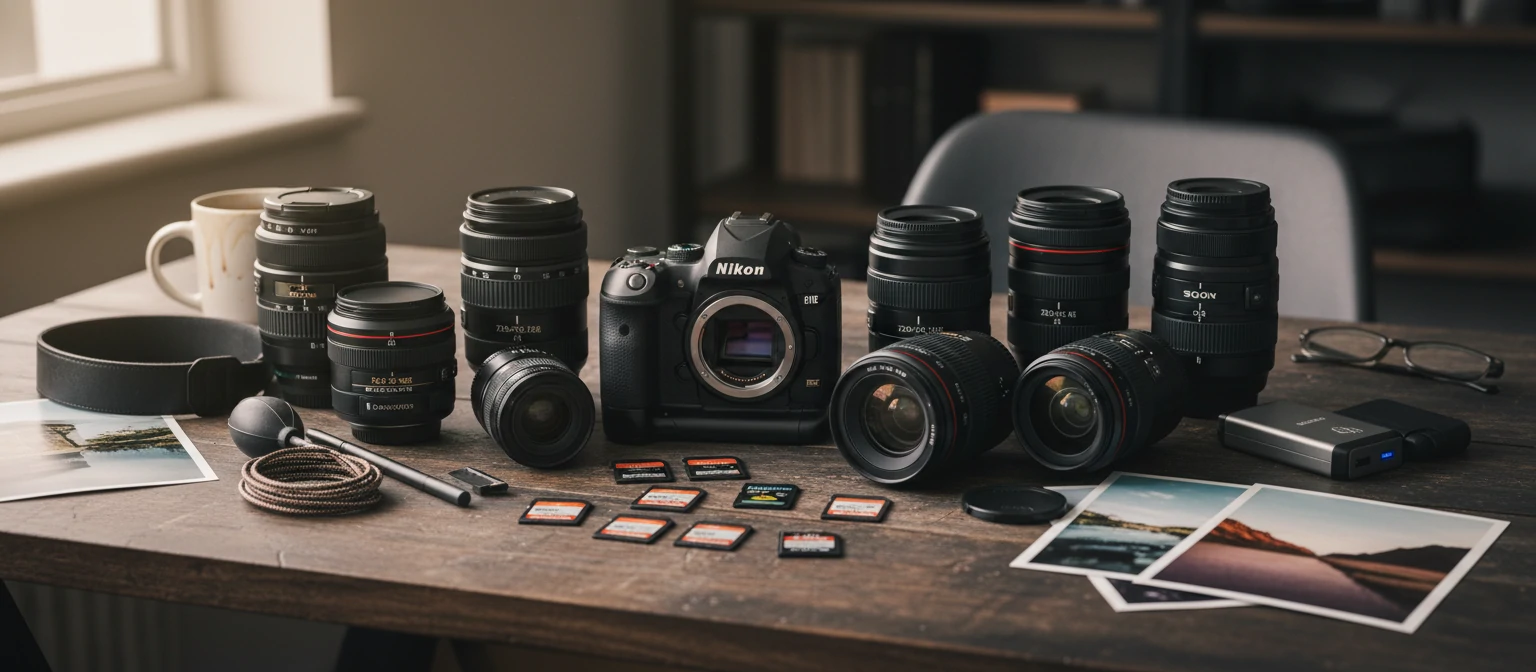 Photography equipment laid out on a desk including camera body, lenses, and memory cards