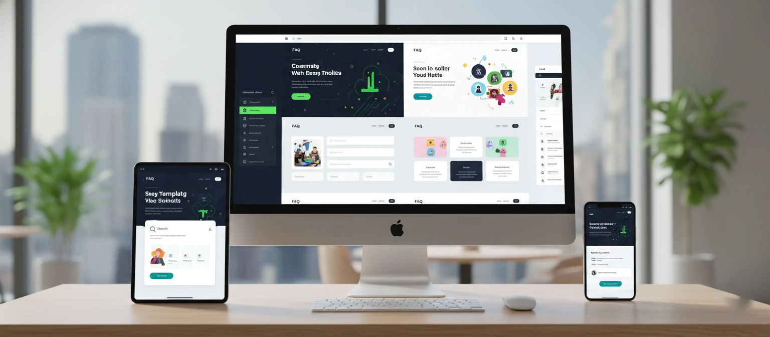 Preview gallery of FAQ template designs on multiple device screens showing different layouts and styles