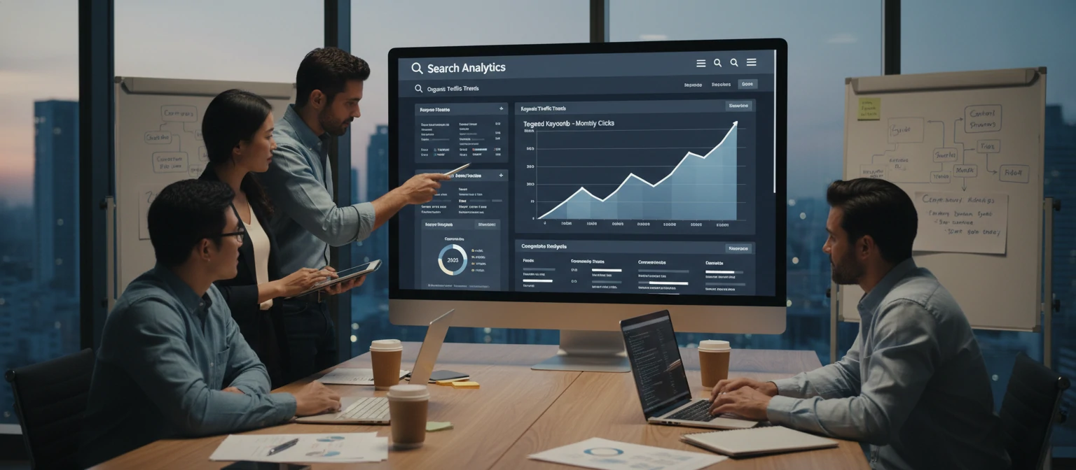 SEO strategy planning with search analytics on screen