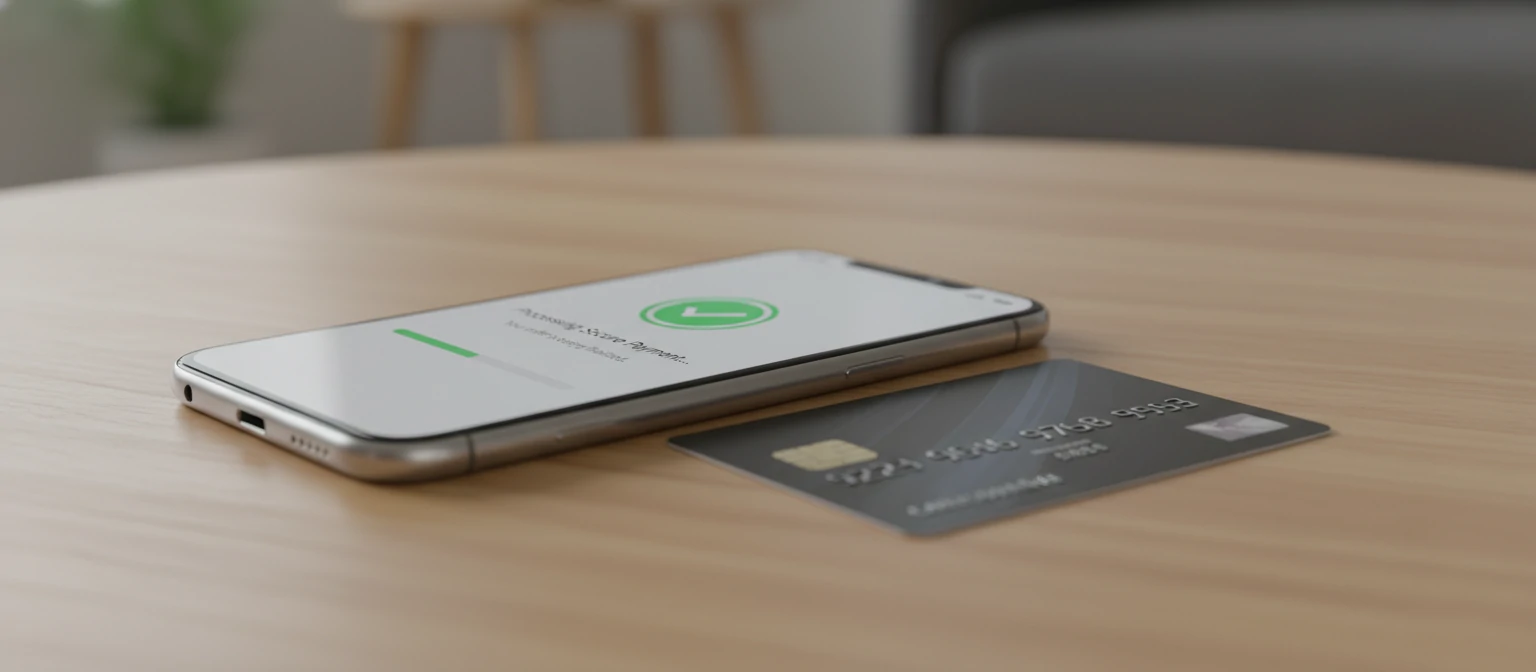 Secure online payment being processed on a smartphone with credit card nearby showing digital transaction