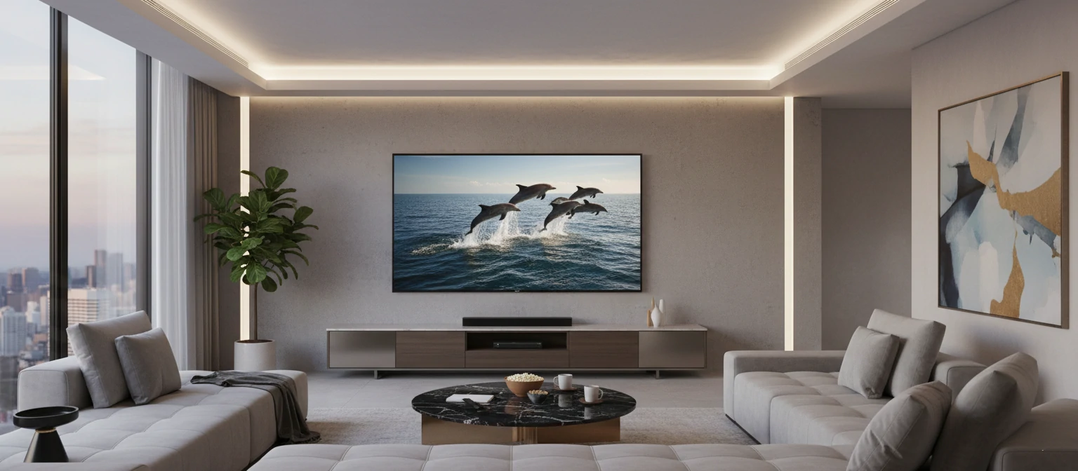 Smart TV in modern living room displaying streaming content