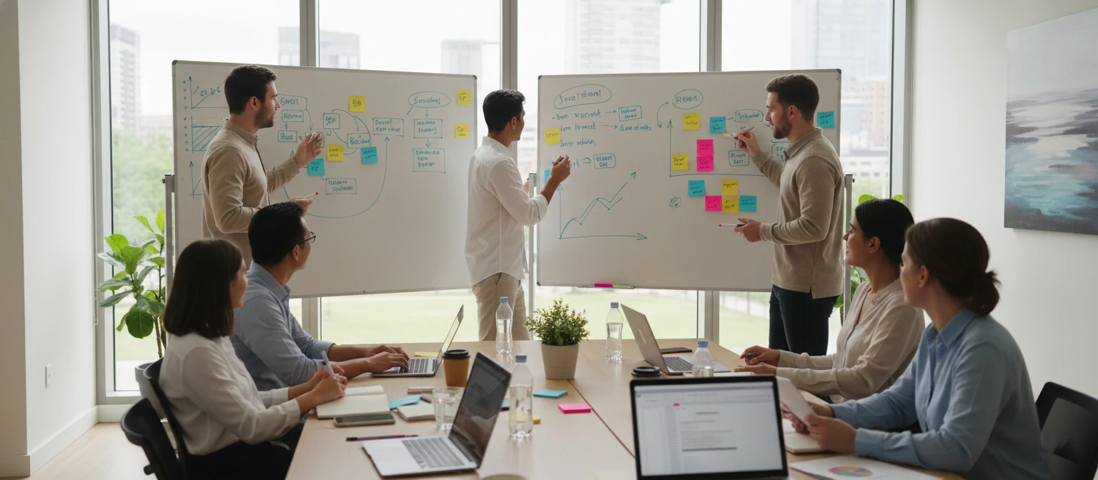Team collaborating on business strategy with whiteboards, sticky notes, and laptops in a bright meeting room