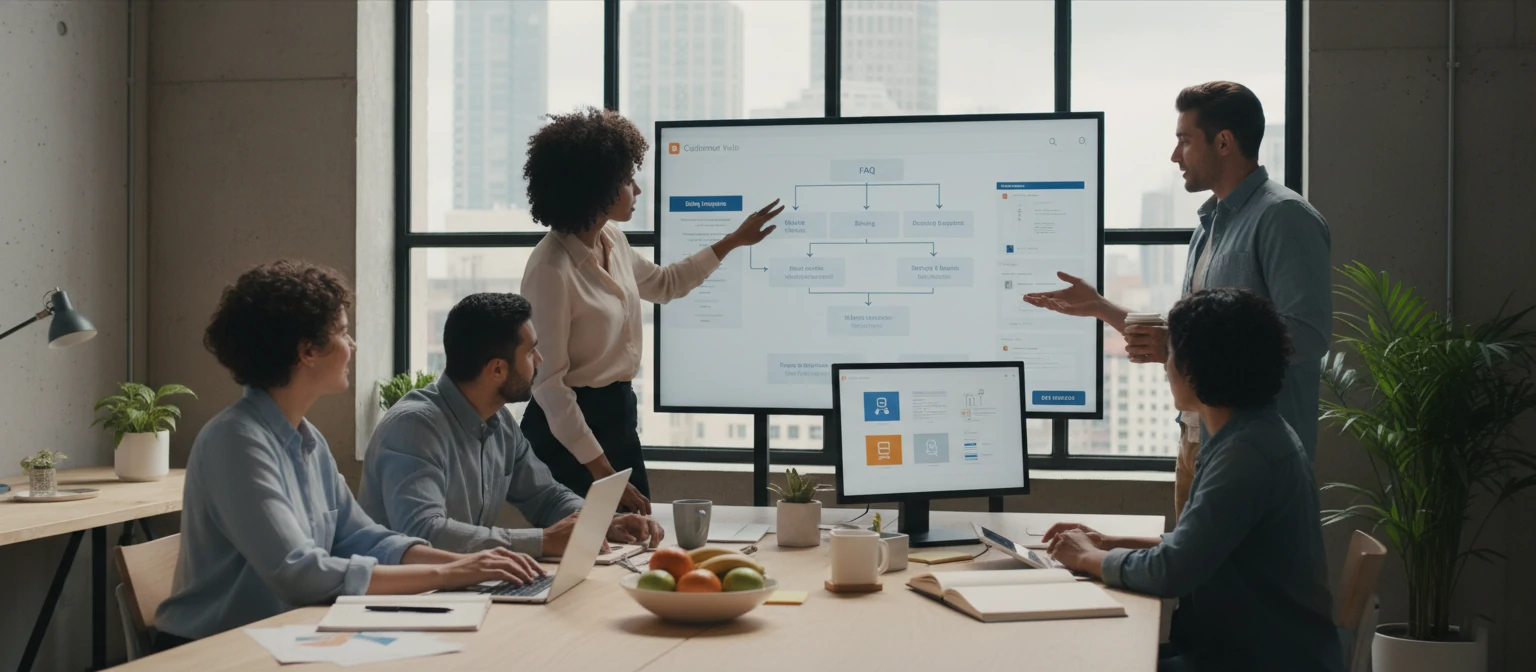 Team collaborating on customer service FAQ design at a modern workspace