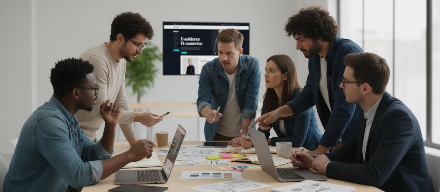 Team collaborating on ecommerce web design project