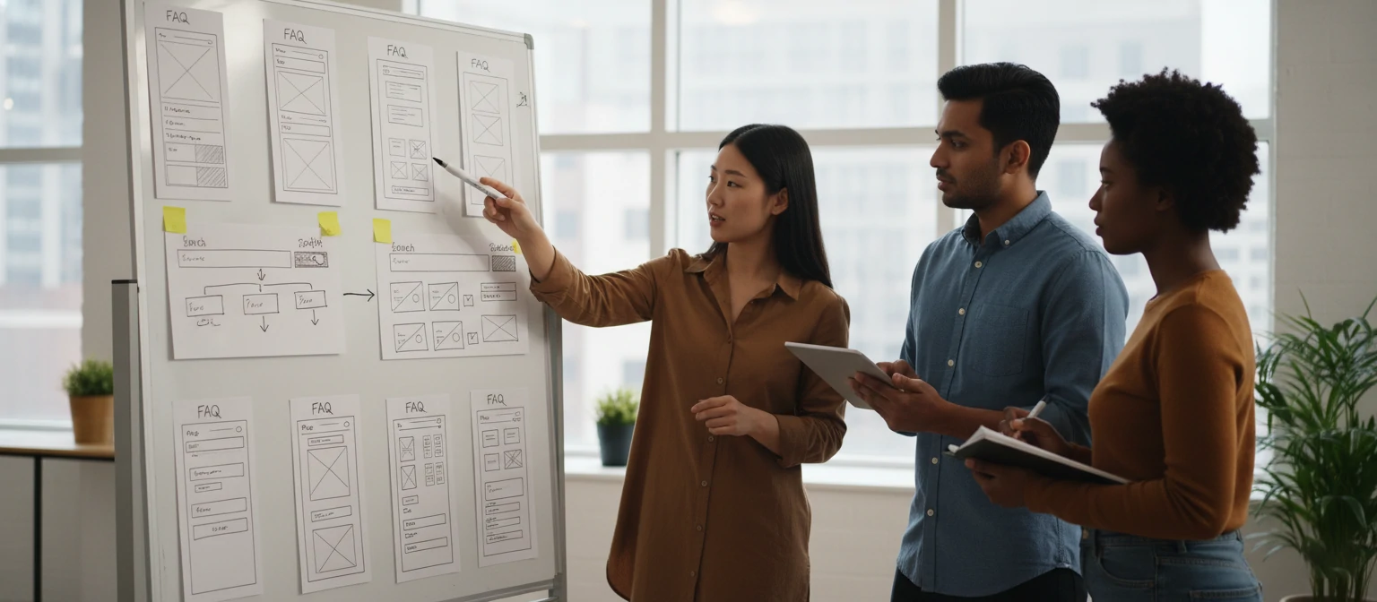 Team of UX designers reviewing different FAQ page format wireframes on a whiteboard