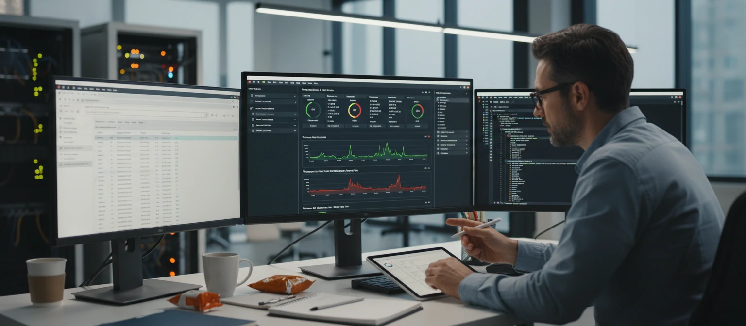 Technical SEO audit with server monitoring dashboard