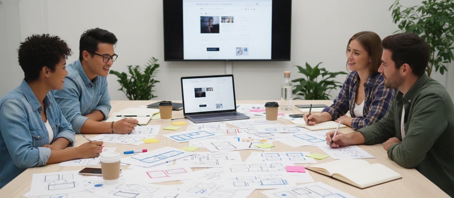 UX design team collaborating on wireframes and prototypes spread across a large table