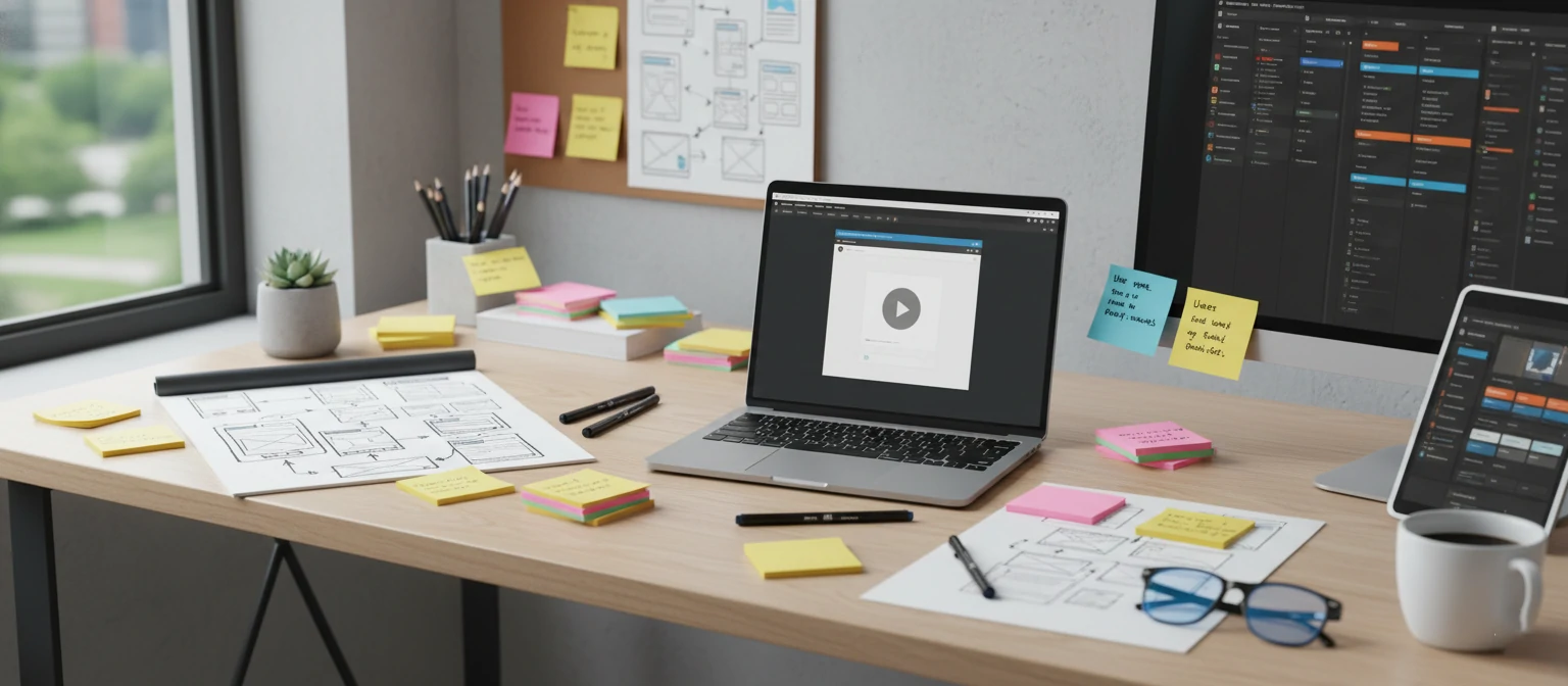 UX design workspace with wireframes, sticky notes, and prototyping tools on a modern desk