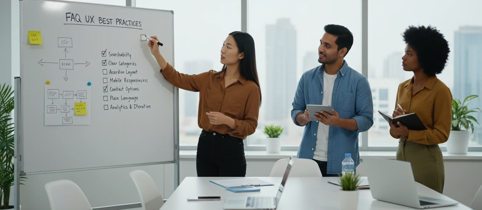 UX team reviewing best practices checklist on a whiteboard during a design sprint