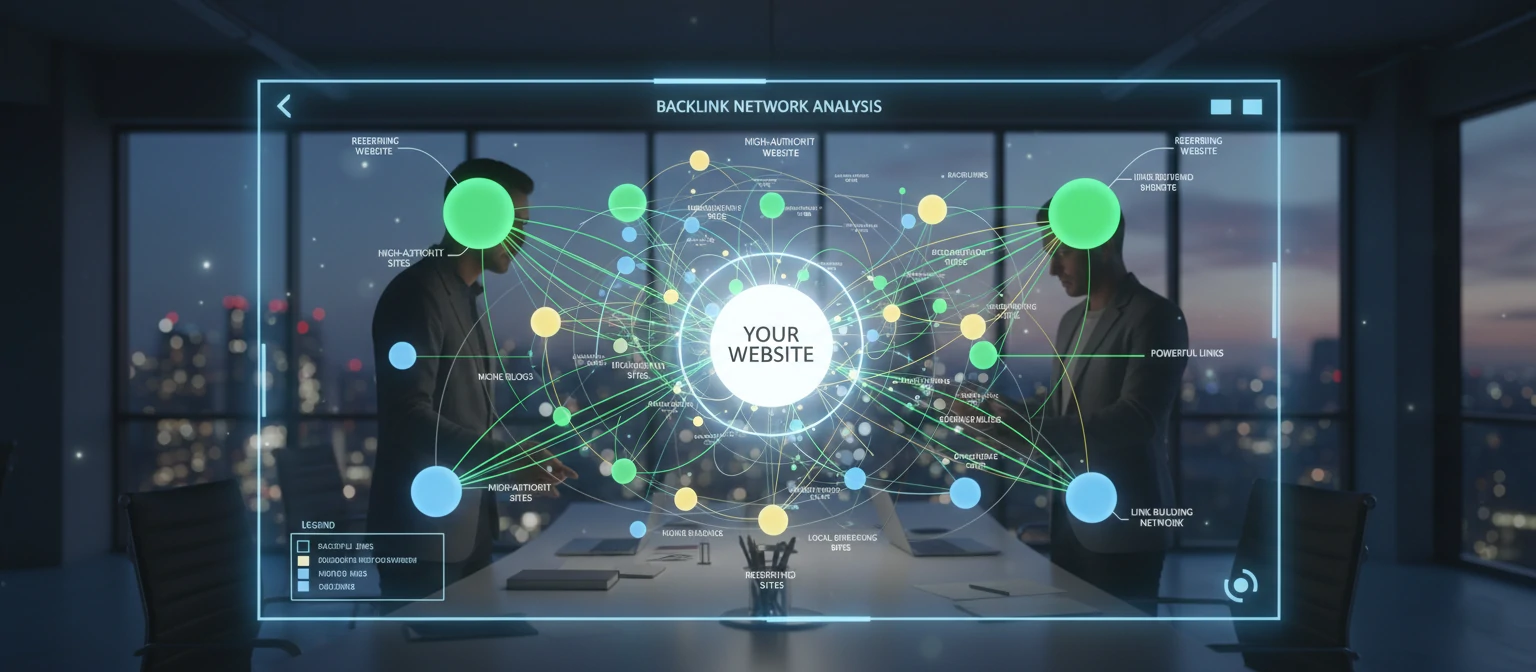 Visual diagram of backlink network or link building concept