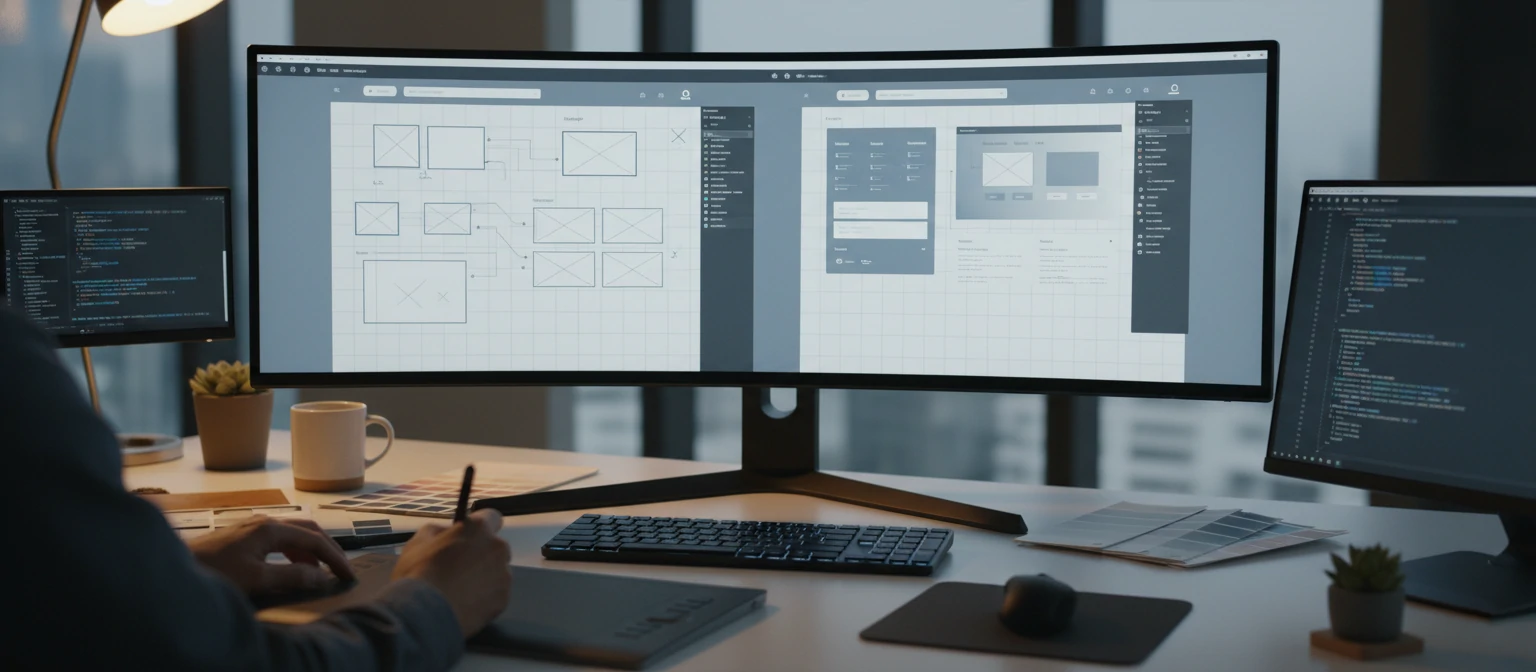 Web design wireframe and template blueprint on screen