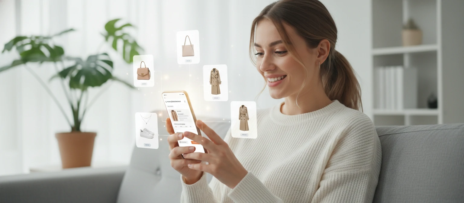 Woman happily shopping on her smartphone with product cards floating around the screen