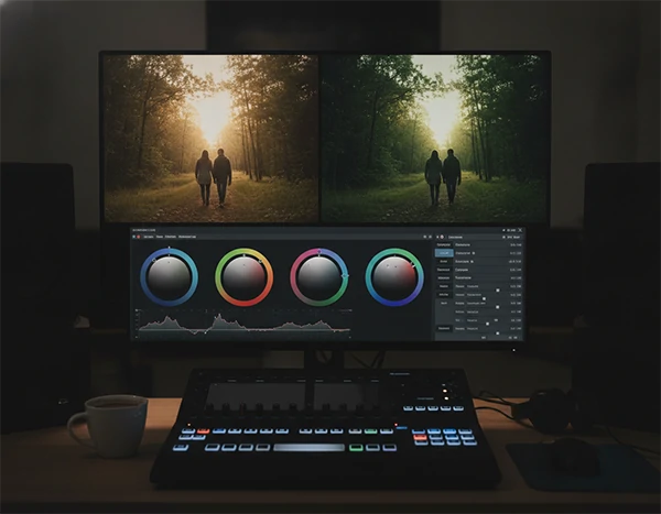 A color grading workspace showing split-screen comparison