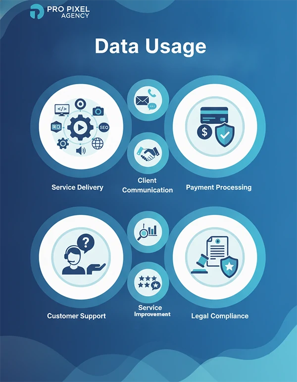 A comprehensive data usage infographic illustrating the primary purposes for which Pro Pixel Agency