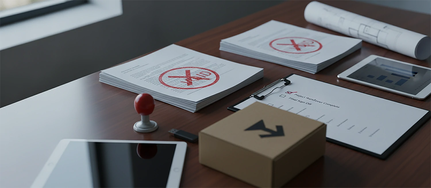 A contract termination and project closure concept showing documents