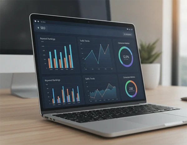 A dashboard showing SEO analytics with keyword rankings, traffic graphs