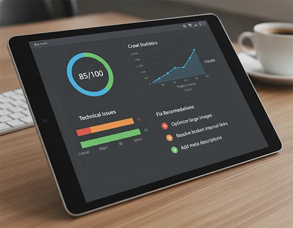 A detailed SEO audit dashboard showing site health score, technical issues categorized by severity