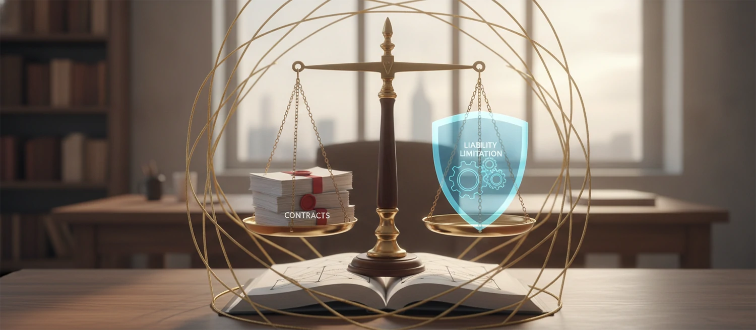 A legal and business concept illustration showing a balanced scale