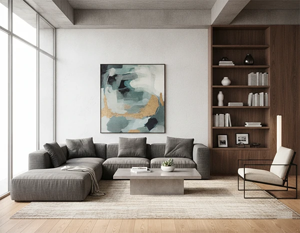A photorealistic 3D render of a modern living room interior with natural lighting