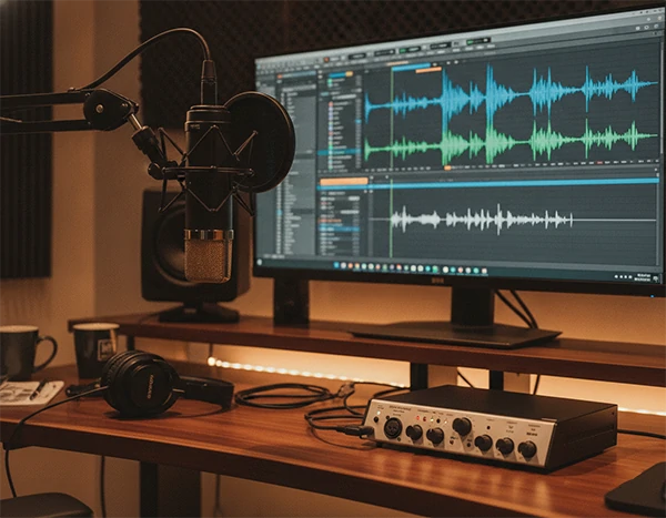 A professional audio studio setup with condenser microphone, audio interface, and waveform editing software