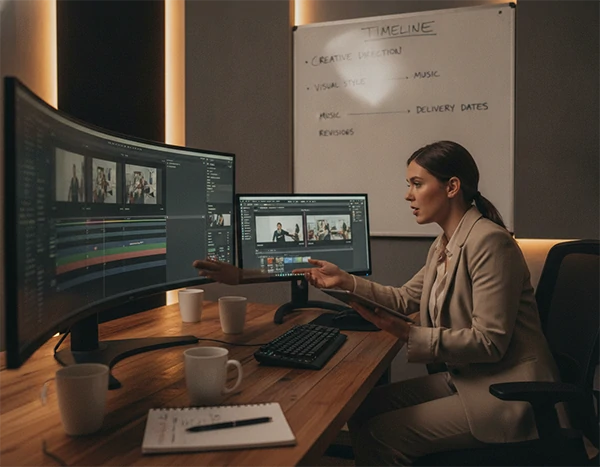 A professional video editing consultation meeting