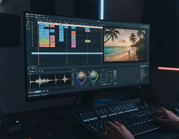 A professional video editing timeline screen with multi-track editing, color grading tools, and a preview monitor