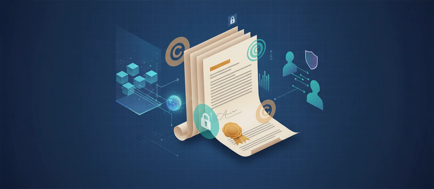 An intellectual property concept illustration showing legal documents