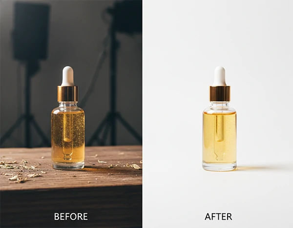 Before and after comparison of a product photo showing raw unedited image