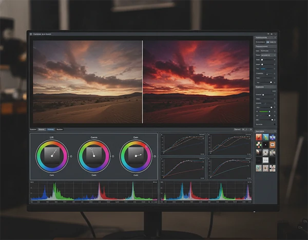 Color grading interface showing split-screen before and after comparison