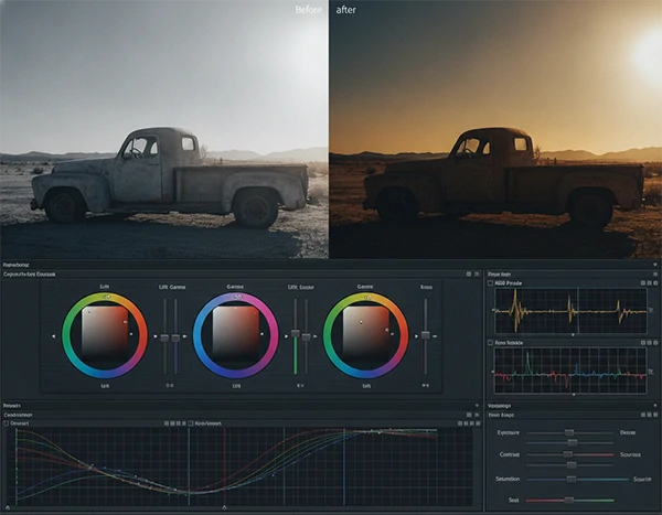 Color grading interface showing split-screen before-and-after comparison
