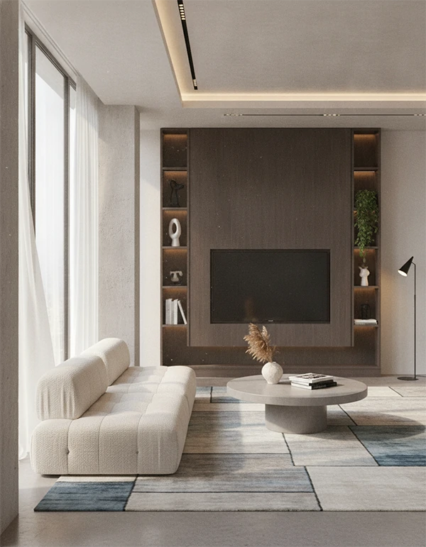Photorealistic 3D render of a modern interior living space