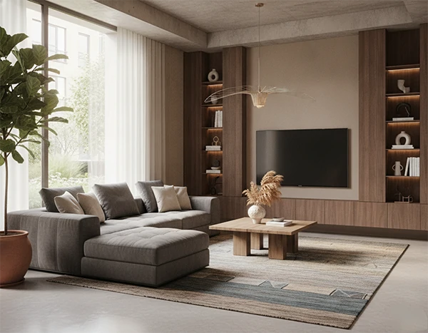 Photorealistic 3D render of a modern interior space with natural lighting