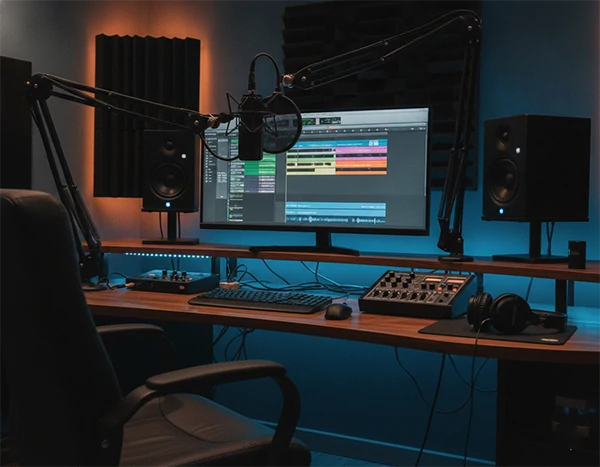 Professional audio recording and editing studio with microphone, audio interface, headphones, and waveform editing