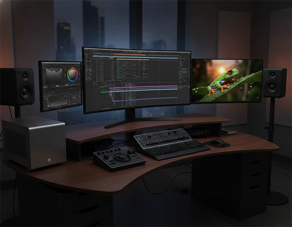 Professional video editing workspace with multi-track timeline, color grading panels, and preview monitor