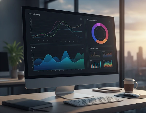 SEO analytics dashboard showing keyword ranking charts, traffic graphs, conversion metrics