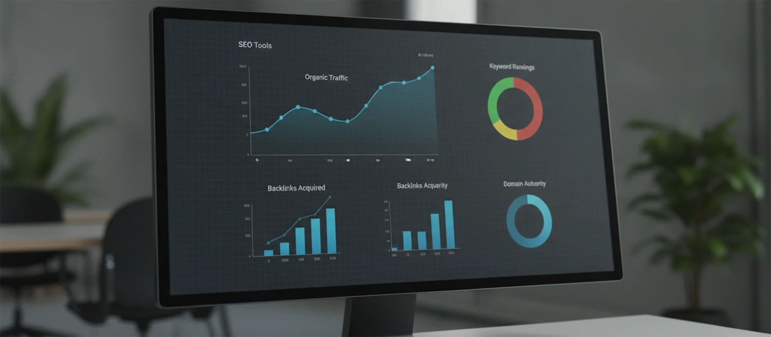 SEO tools dashboard showing key performance metrics