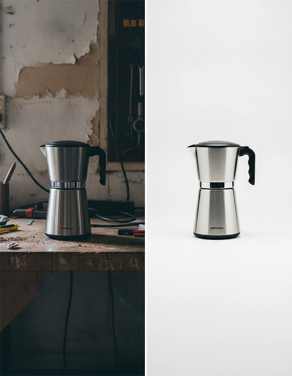 Side-by-side before and after comparison of a product photo showing