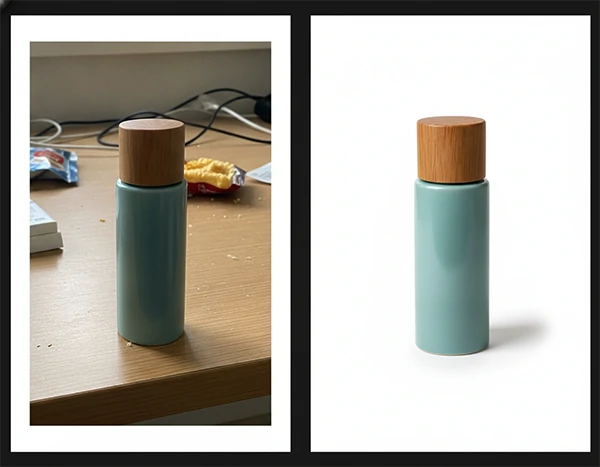 Side-by-side comparison of a raw unedited product photo and the final retouched version