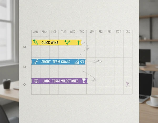 Strategic SEO roadmap timeline showing phased implementation plan