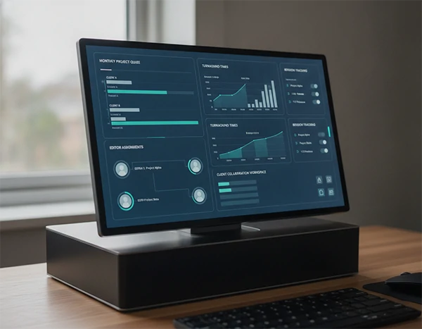 Video editing retainer dashboard showing monthly project queue
