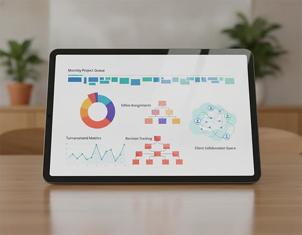 Video editing retainer support dashboard showing monthly project queue