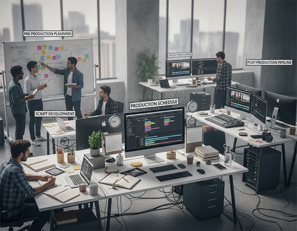 Video production management workflow showing pre-production planning