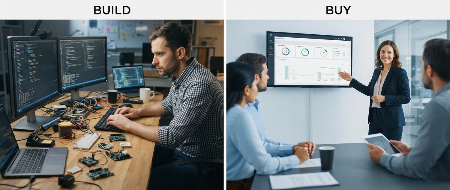 A build-versus-buy comparison weighing speed