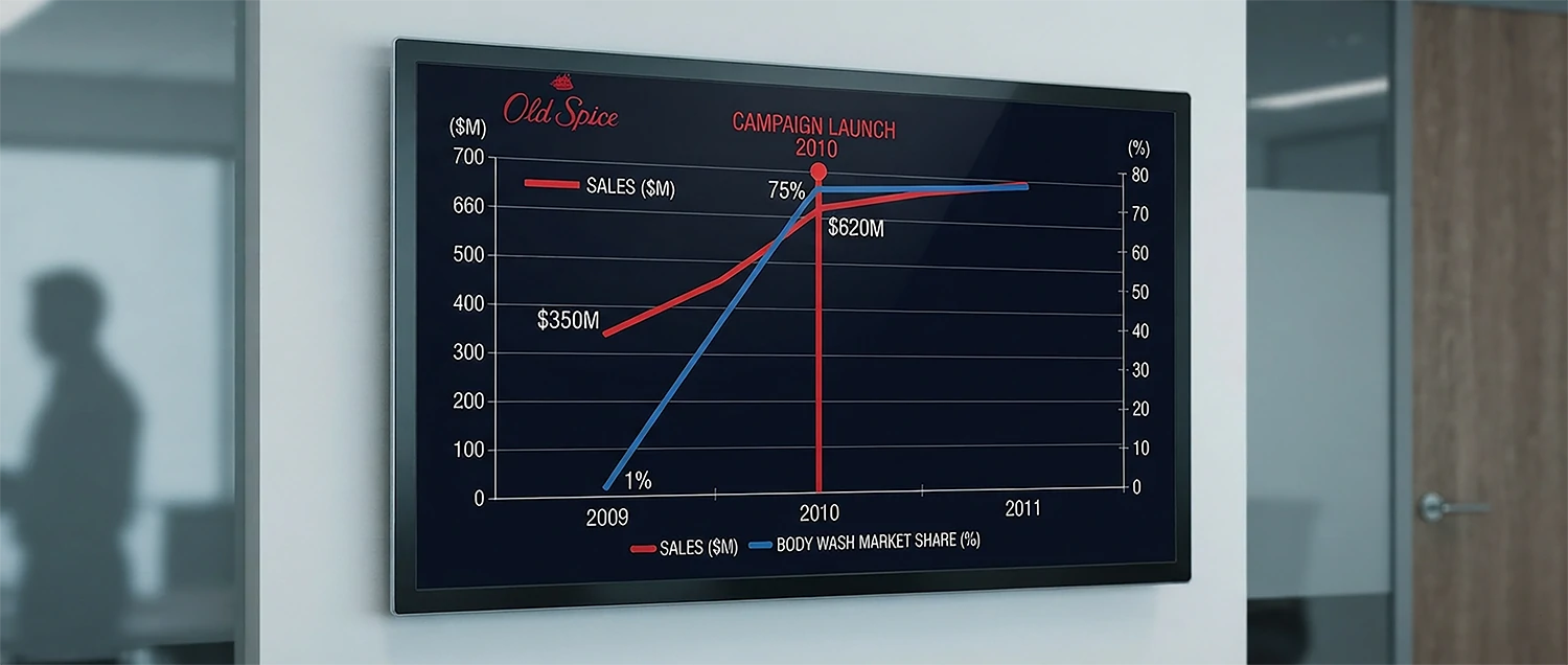 A business impact chart showing Old Spice sales growth from 2009 to 2011 with a vertical spike labeled