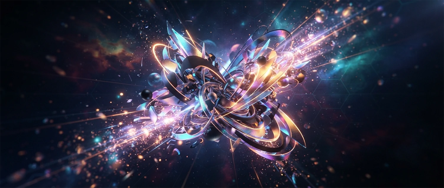 A cinematic 3D motion graphics showreel thumbnail featuring dynamic abstract shapes