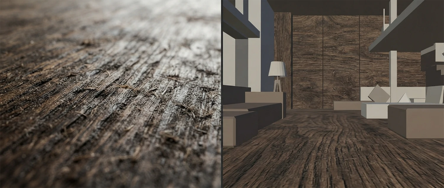 A comparison of a photoreal material close-up versus a fast stylized layout view