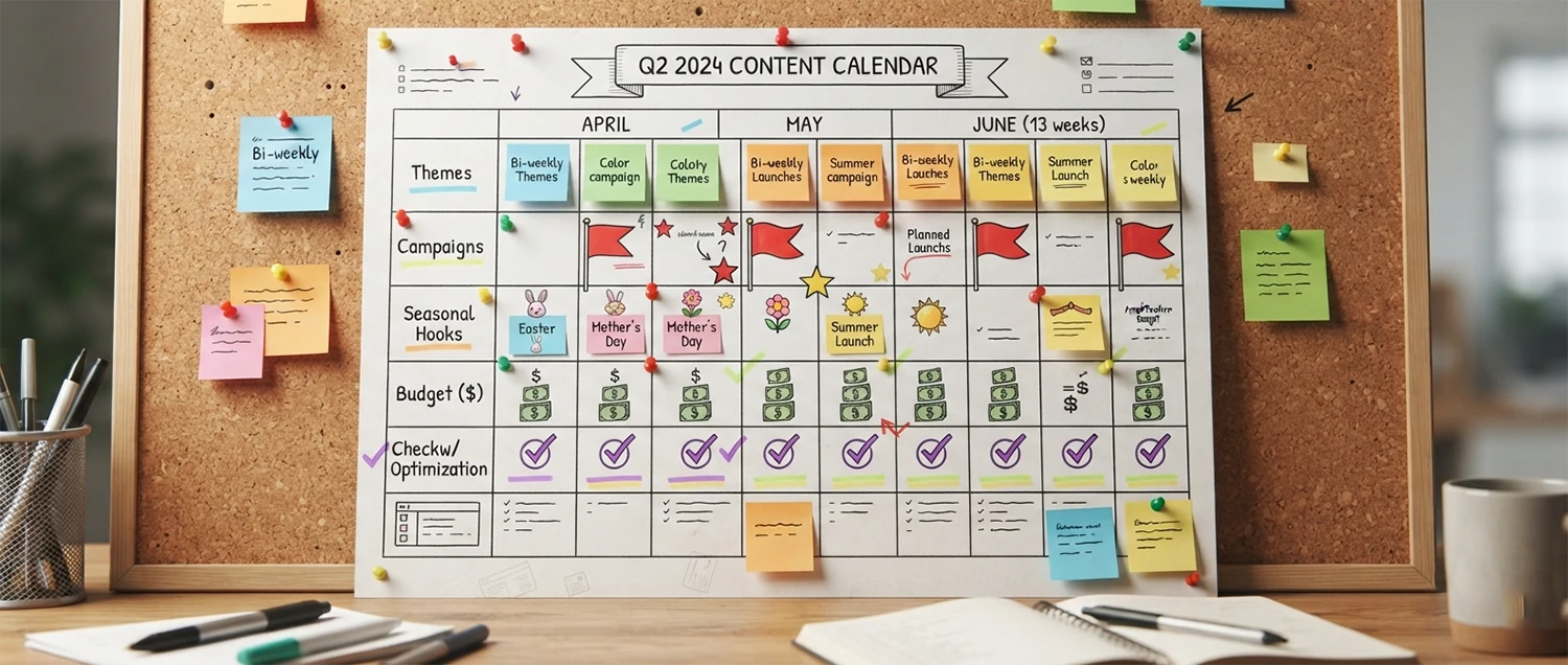 A content calendar layout for one quarter showing bi-weekly content themes