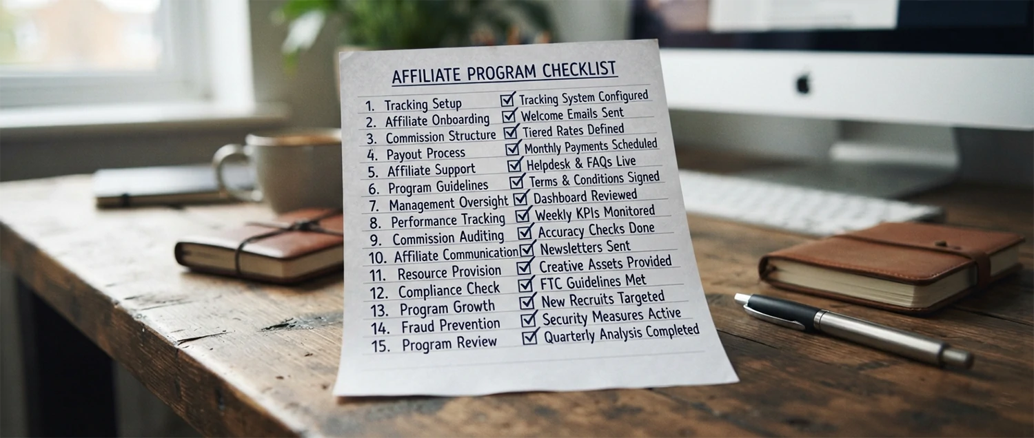 A fifteen-point checklist covering tracking, commissions, affiliates, support, guidelines, and management